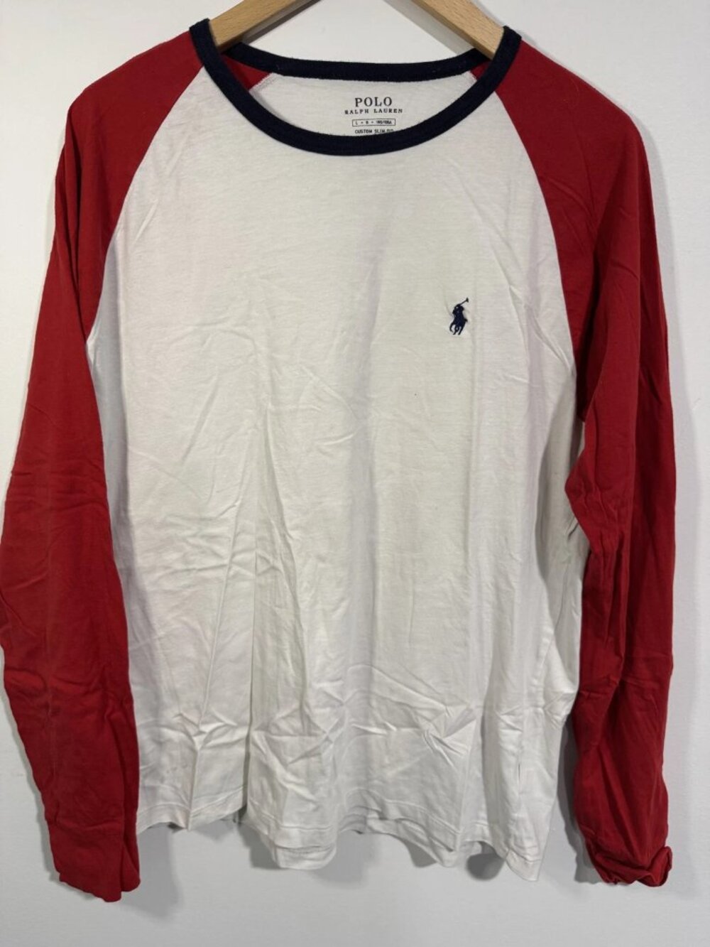 Polo Ralph Lauren Men's Red and White Raglan Long Sleeve Tee Sz L